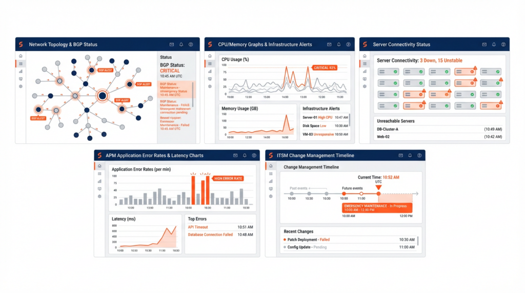 Five different monitoring dashboard interfaces showing conflicting data about the same incident - network topology with BGP status, CPU and memory graphs, server connectivity status, application error rates, and ITSM change management timeline, each displaying different timestamps and alert states