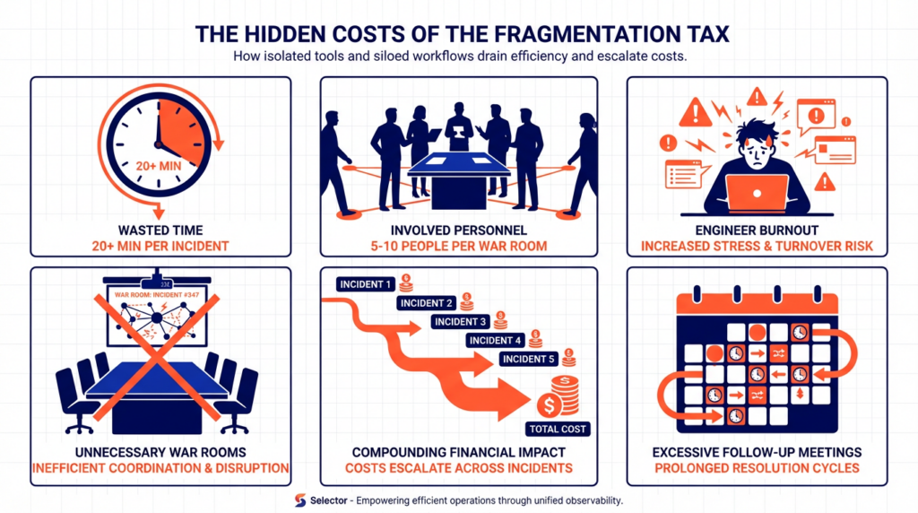 Infographic showing six hidden costs of incident fragmentation: clock icon showing 20+ minutes wasted per incident, silhouettes representing 5-10 people per war room, stressed engineer at laptop with multiple alerts, conference room for unnecessary war rooms, cascading arrows showing compounding costs, and calendar showing follow-up meetings