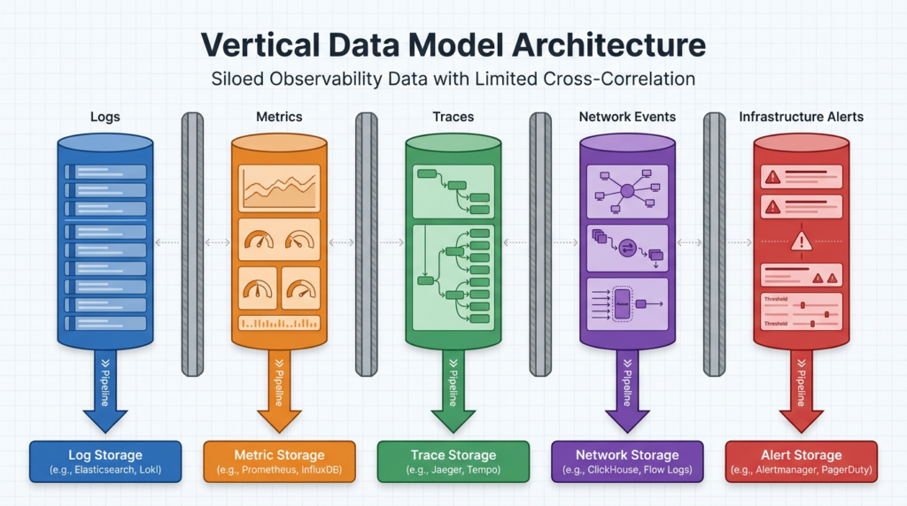 Diagram illustrating vertical data model architecture with five isolated silos labeled Logs, Metrics, Traces, Network Events, and Infrastructure Alerts, showing thick barriers between silos with limited dotted-line connections and separate storage layers